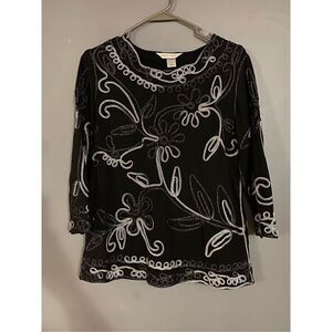 Christopher&Banks Black Sparkle Embroidered Scalloped Hem 3/4 Sleeve Top S